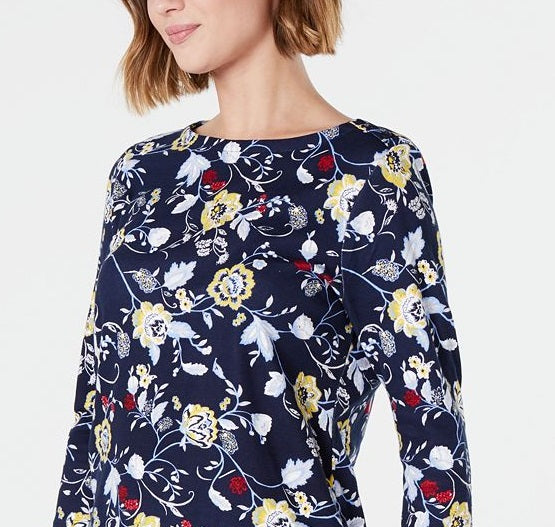 Charter Club Women's Cotton Printed Top Blue Size Petite M