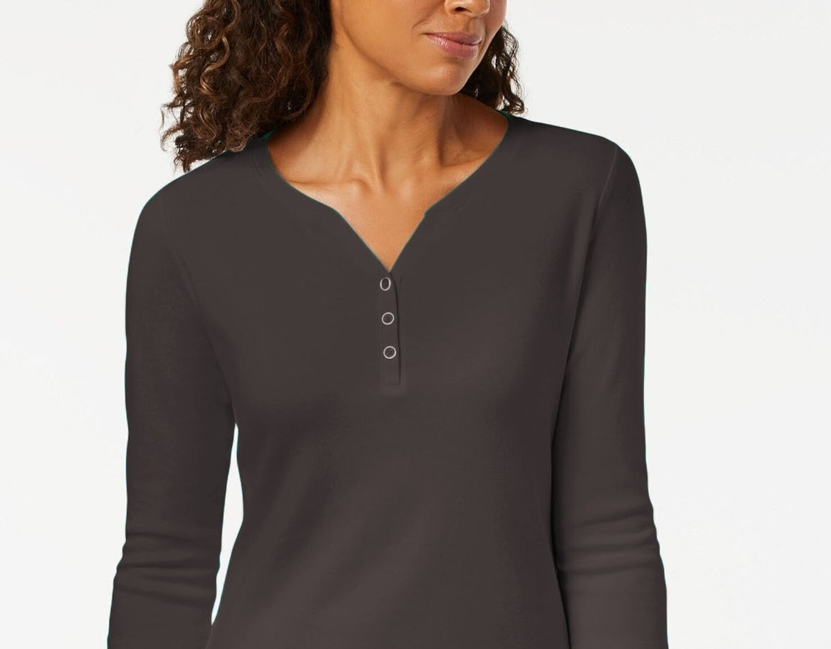 Karen Scott Women's Cotton Henley Top Gray Size XL