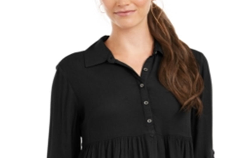 Style & Co Women's Roll Sleeve Oversized Shirt Black Size XL