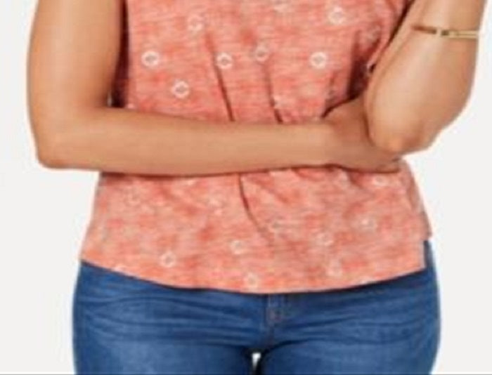 Style & Co Women's Cotton Printed V Neck T-Shirt Orange Size Petite