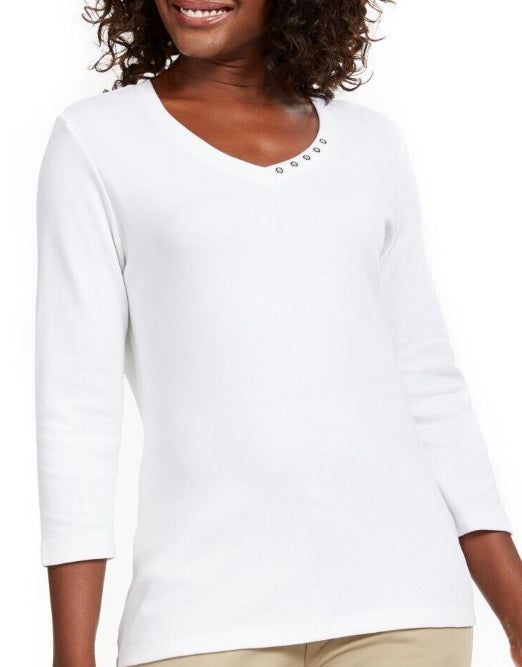 Karen Scott Women's  Grommet-Neck Cotton Top  - Bright White Size X-Small