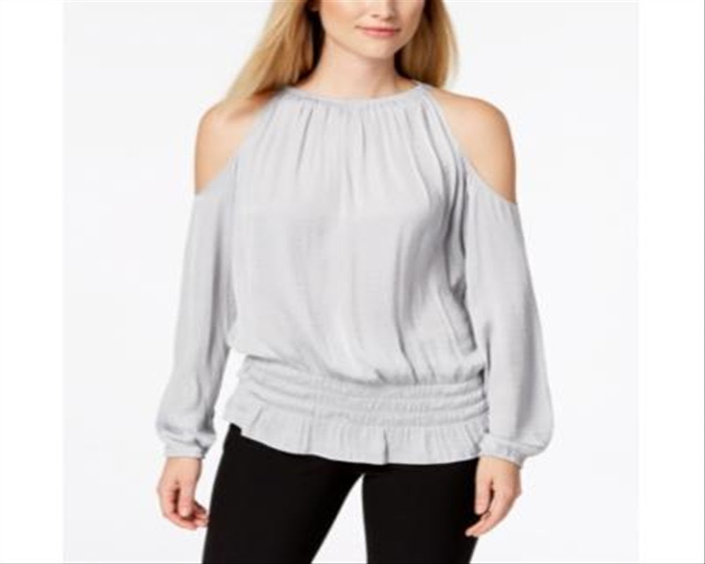 Alfani Women's Smocked Cold Shoulder Top Gray Size Petite S/M