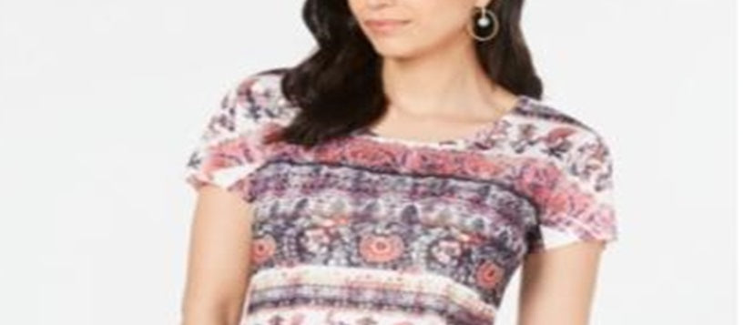 Style & Co Women's Printed Short Sleeve T-Shirt Top Pink Size Small