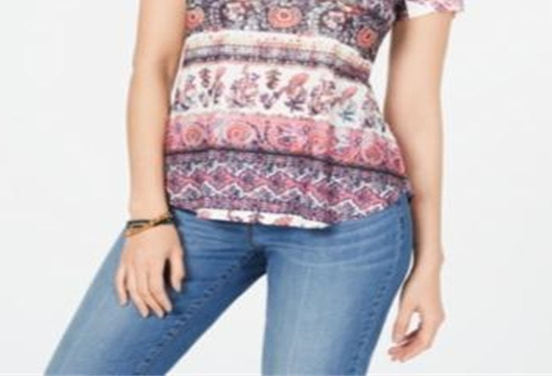 Style & Co Women's Printed Short Sleeve T-Shirt Top Pink Size Small