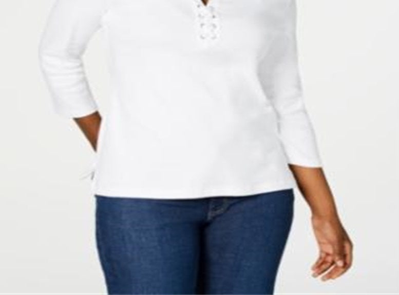 Karen Scott Women's Cotton Lace up Shirt White Size X-Small