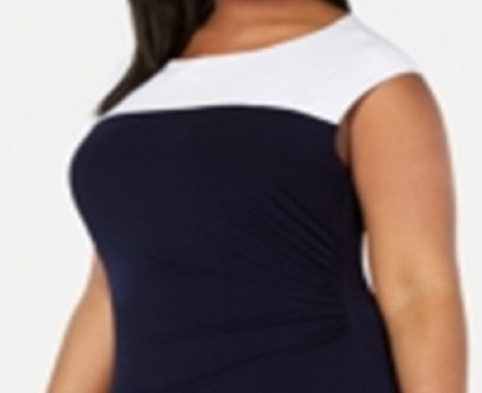 Connected Apparel Women's Plus Ruched Colorblock Sheath Dress Navy Size 20W