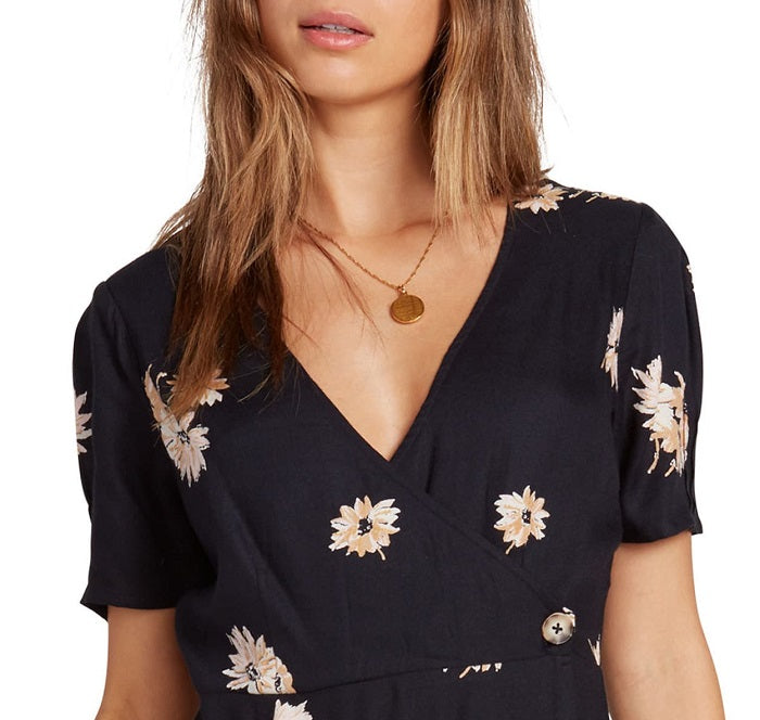 Volcom Women's Casual Floral Wrapsicle Wrap Dress Black Size XL
