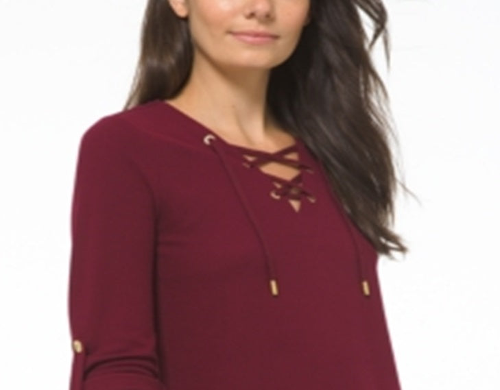Michael Kors Women's Waffle Knit Lace up Front Top Red Size Large