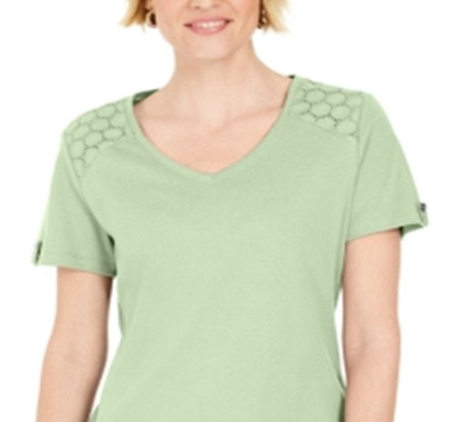 Karen Scott Women's Eyelet-Shoulder V-Neck Top Green Size XL