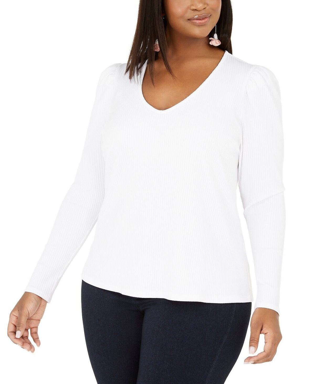 INC International Concepts Women's Plus Ribbed V Neck Top White Size 3X