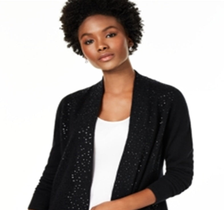 Charter Club Women's Cashmere Sequin Trim Completer Sweater Black Size Petite S