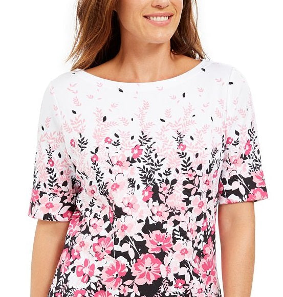 Karen Scott Women's Floral Print Boat Neck Top Black Size Petite