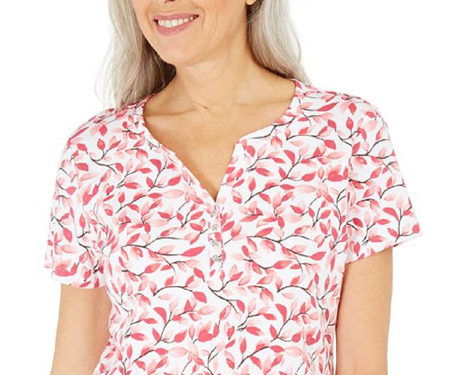 Karen Scott Women's  Printed Henley Top Orange Size XS