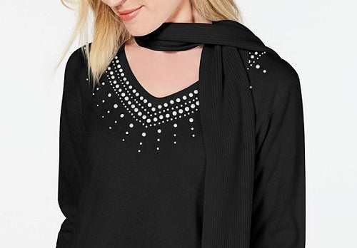 Karen Scott Women's Embellished Sweater with Scarf Black Size Petite XL