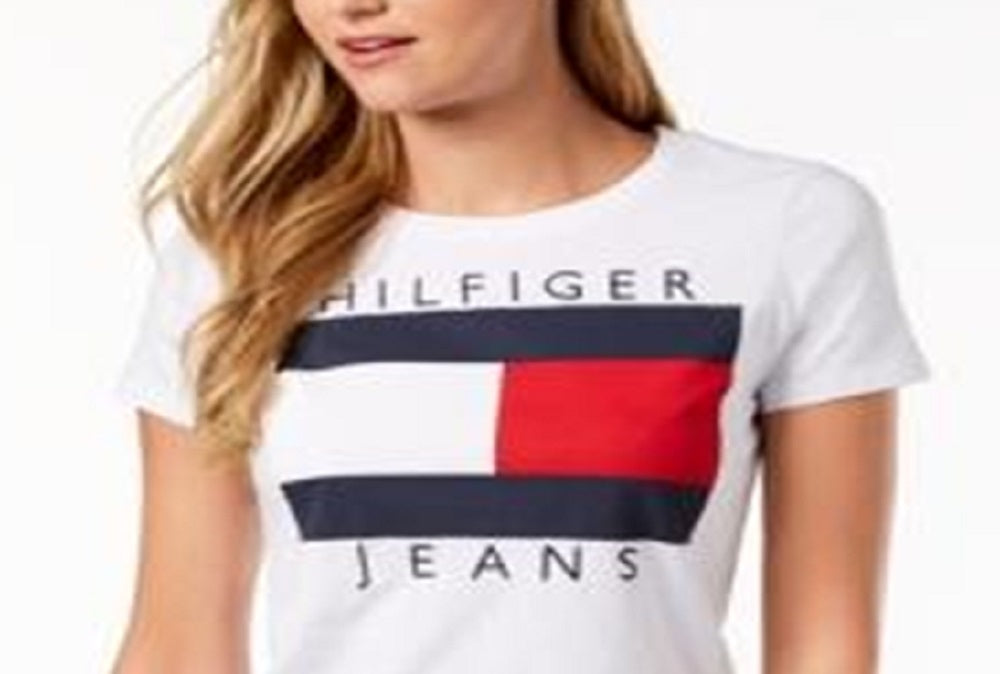 Tommy Hilfiger Women's  Cotton Embroidered Logo T-Shirt White Size 2XL