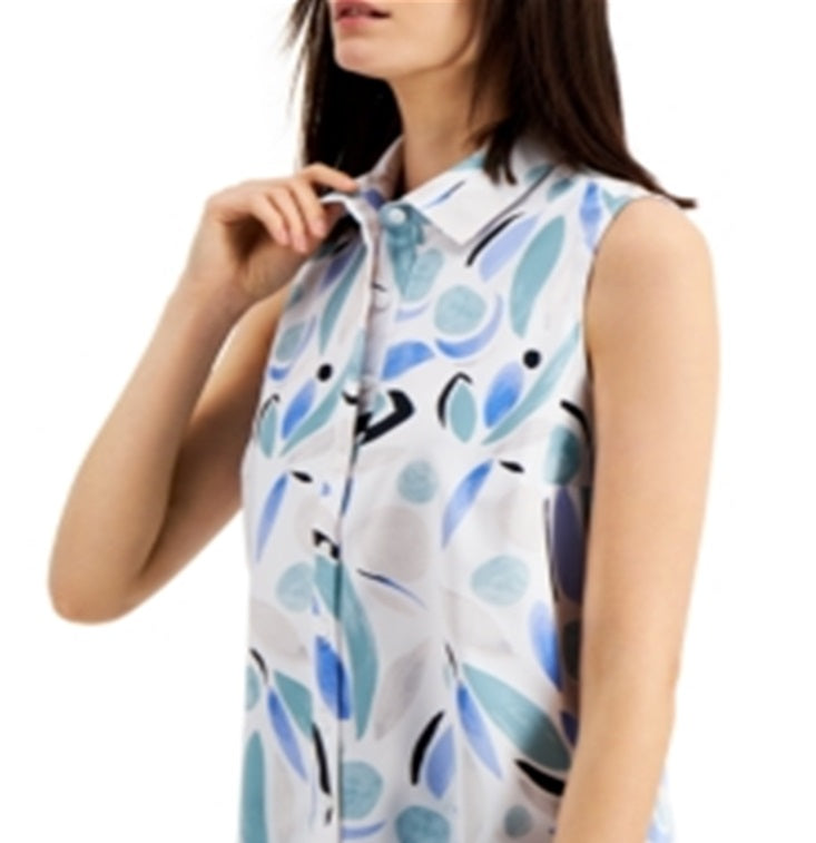 Alfani Women's Knit Sleeveless Floral Button Down Blouse Blue Size X-Small