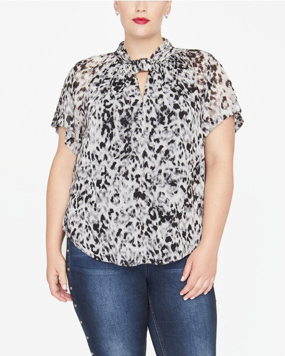 Rachel Roy Women's Printed Short Sleeve Keyhole Top Plus White Size 1X