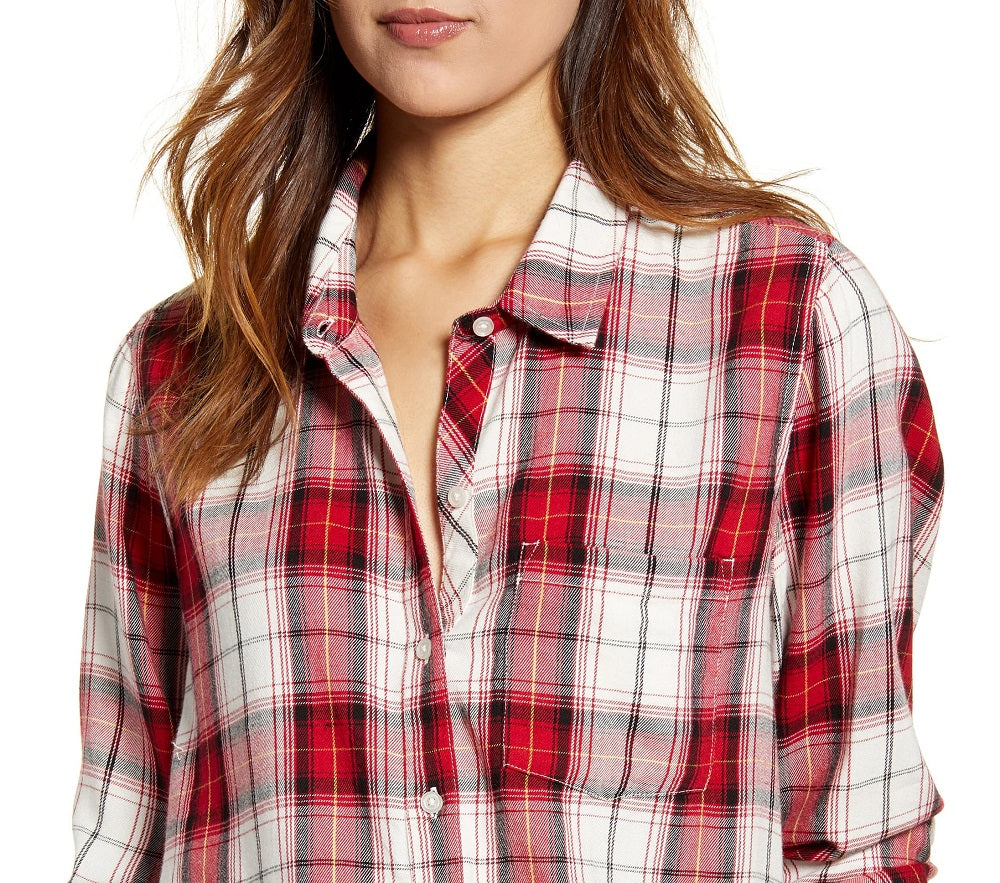 Lucky Brand Women's Plaid Collared Button Down Top Red Size Large