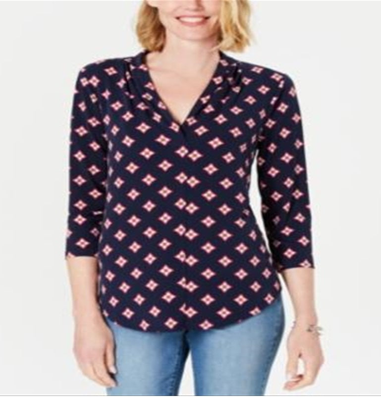 Charter Club Petite Printed 3/4-Sleeve Top Navy Size Petite XL