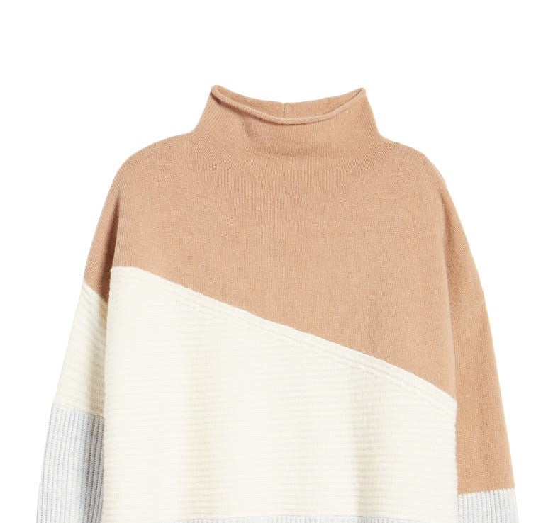 French Connection Women's Patchwork Funnel Neck Sweater Brown Size Medium