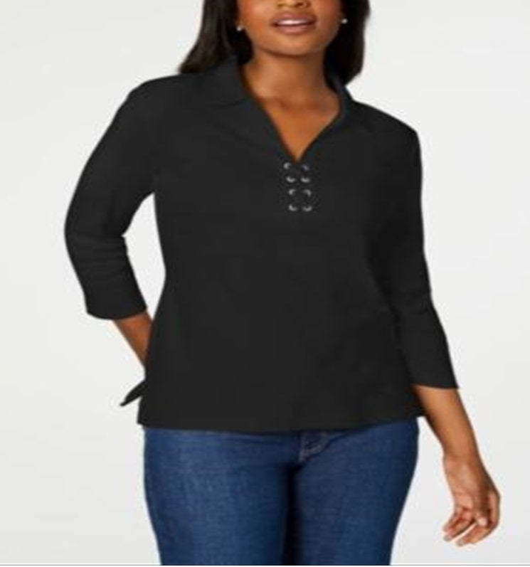 Karen Scott Women's Cotton Lace up Shirt Black Size XX-Large