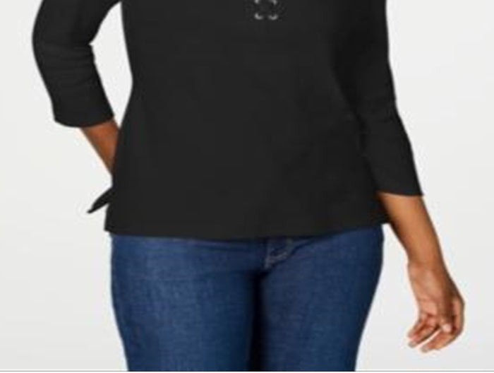 Karen Scott Women's Cotton Lace up Shirt Black Size XX-Large