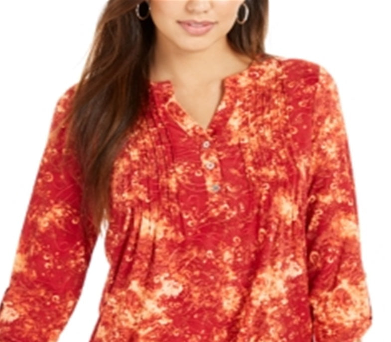 NY Collection Women's Notations 3/4 Sleeve Split Button Neck Tee Red Size Petite Large