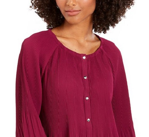 Ny Collection Women's  Petite Pleated Button-Front Bell-Sleeve Top Red Size Petite M