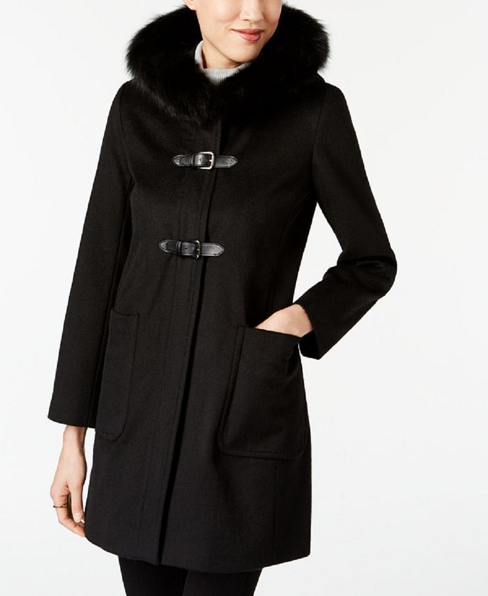 Forecaster Women's Fox Fur Trim Buckled Walker Coat Black Size 14