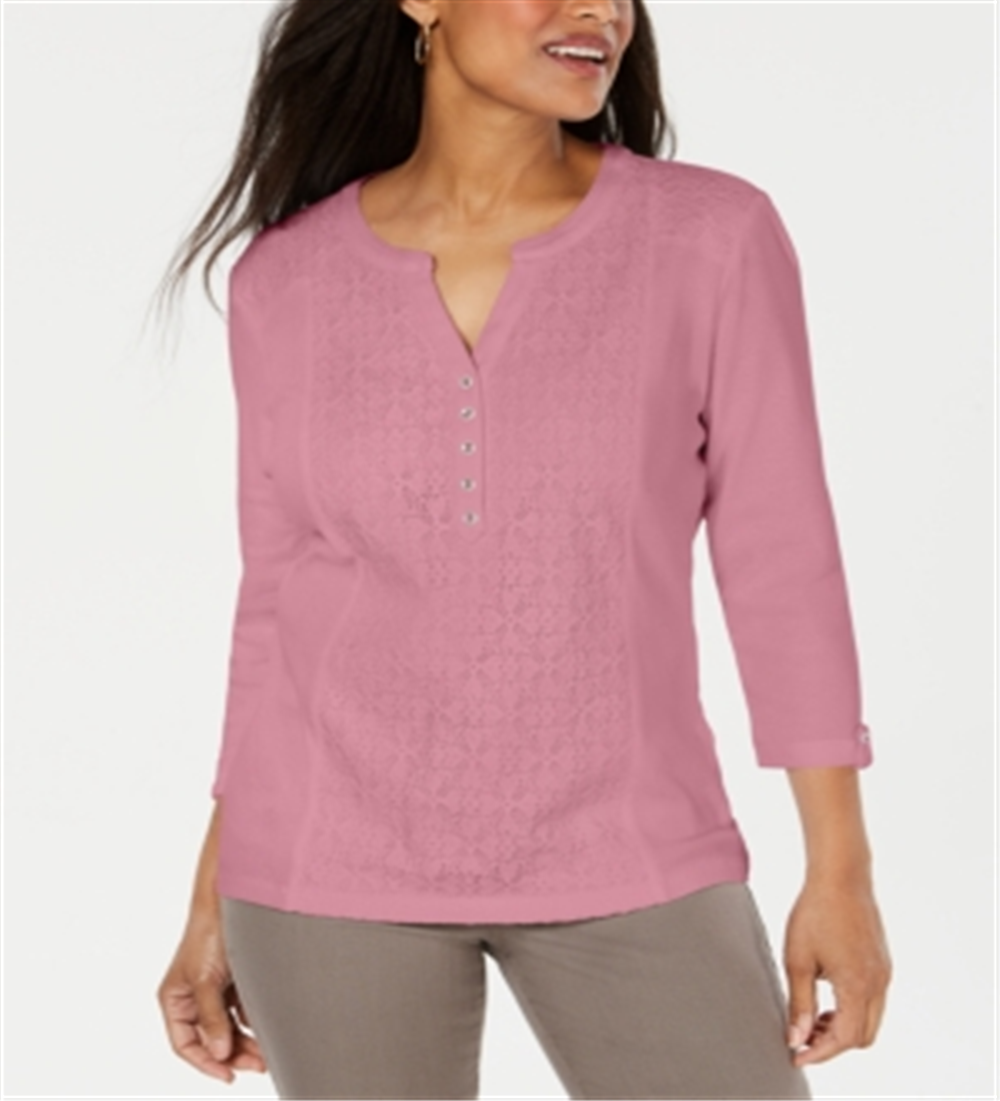 Karen Scott Women's Eyelet Front Cotton Henley Top Pink Size Petite