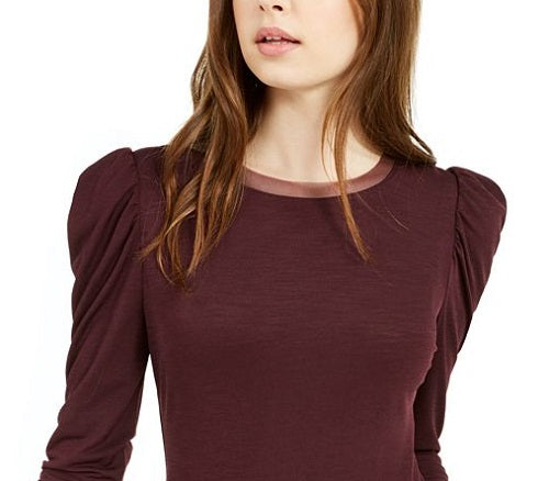 Bar III Women's Mesh Trim Puff Sleeve Top Red Size X-Small
