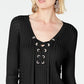 INC Iternational Concepts Women's Lace up Ribbed Knit Sweater Black Size Petite Small