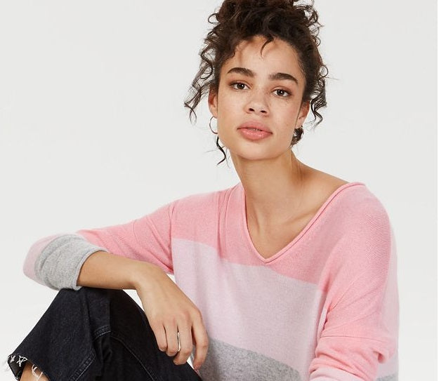 Charter Club Women's Cashmere Striped Rolled Sweater Pink Size Medium