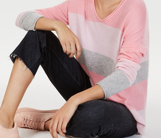 Charter Club Women's Cashmere Striped Rolled Sweater Pink Size Medium