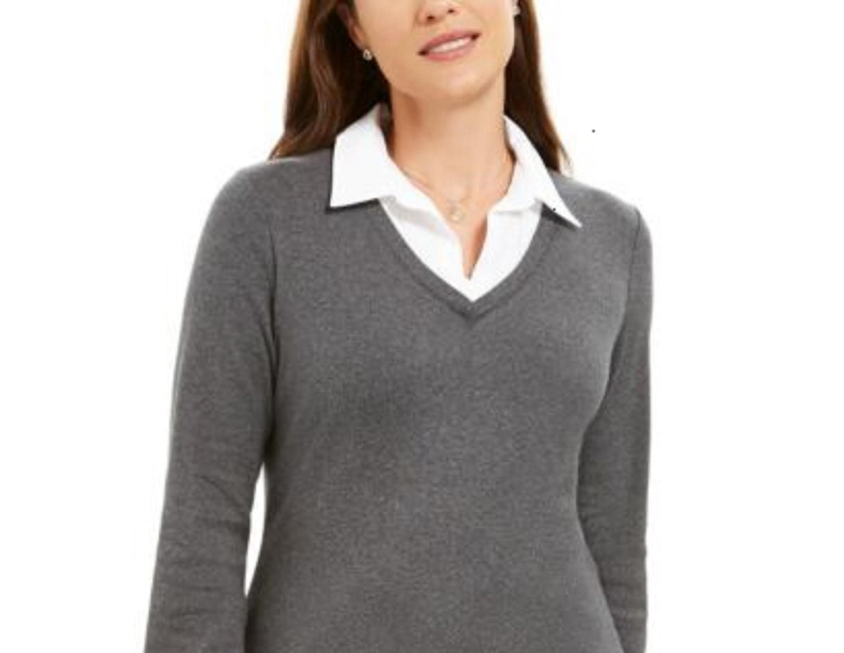 Karen Scott Women's Layered Look Cotton Top Charcoal Size Petite S