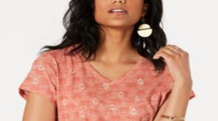 Style & Co Women's Cotton Printed V Neck T-Shirt Coral Size Petite M