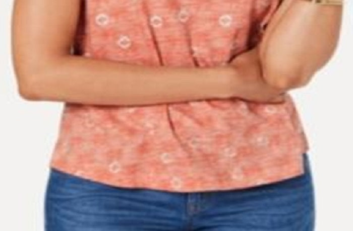 Style & Co Women's Cotton Printed V Neck T-Shirt Coral Size Petite M