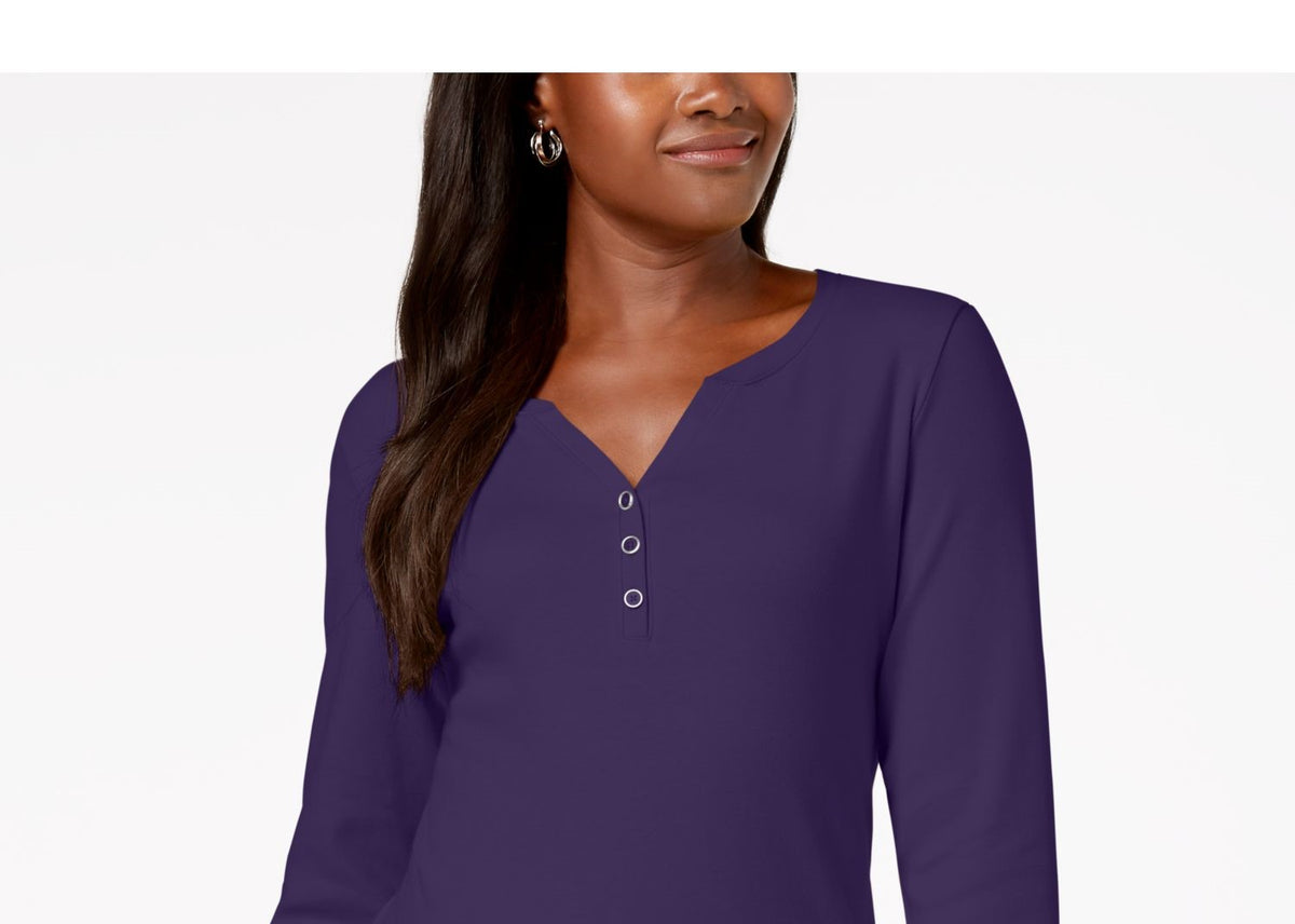 Karen Scott Women's Cotton Henley Top -Purple Size Small