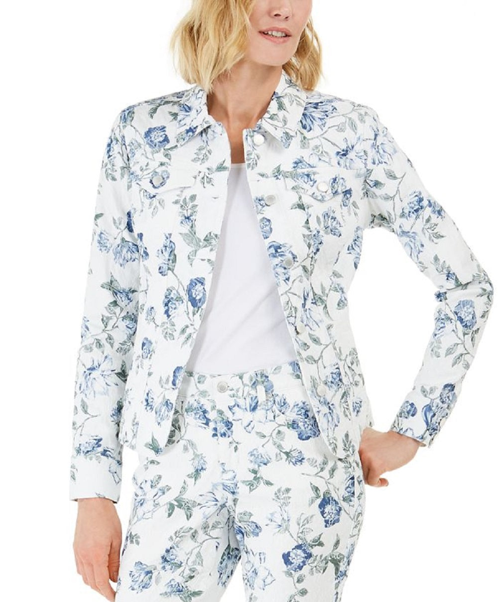 Charter Club Women's Floral Jacquard Denim Jacket Blue Size Large