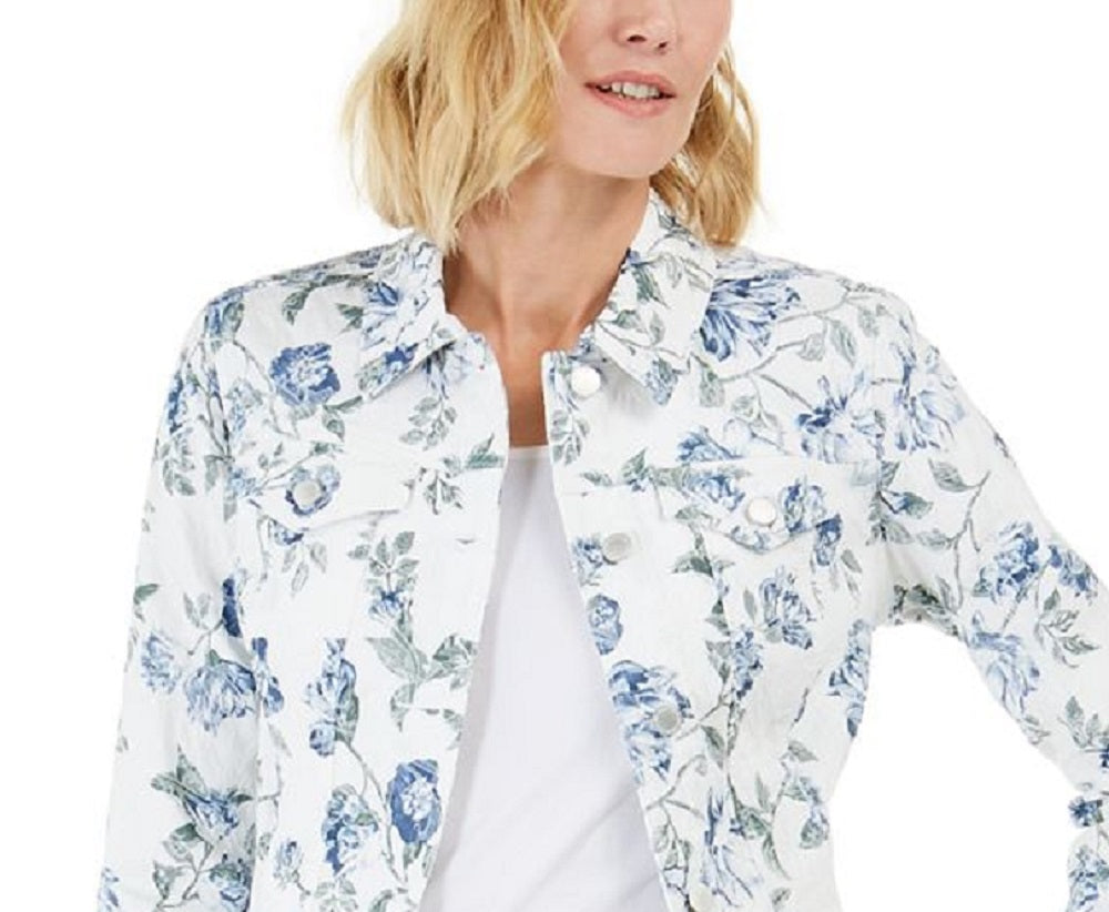 Charter Club Women's Floral Jacquard Denim Jacket Blue Size Large