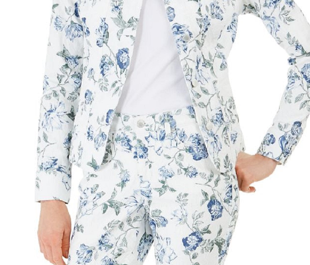 Charter Club Women's Floral Jacquard Denim Jacket Blue Size Large