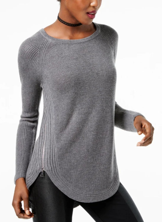 INC International Concepts Women's Waffle Knit Side Zip Tunic Sweater Gray Size Petite L