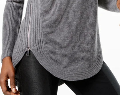 INC International Concepts Women's Waffle Knit Side Zip Tunic Sweater Gray Size Petite L