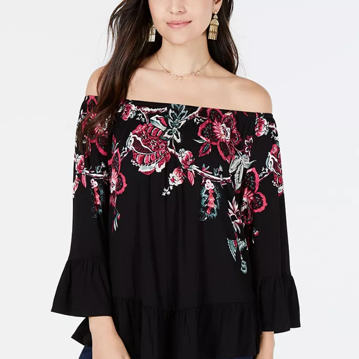 Style & Co Women's Printed Off-the-Shoulder Top Black Size XXL