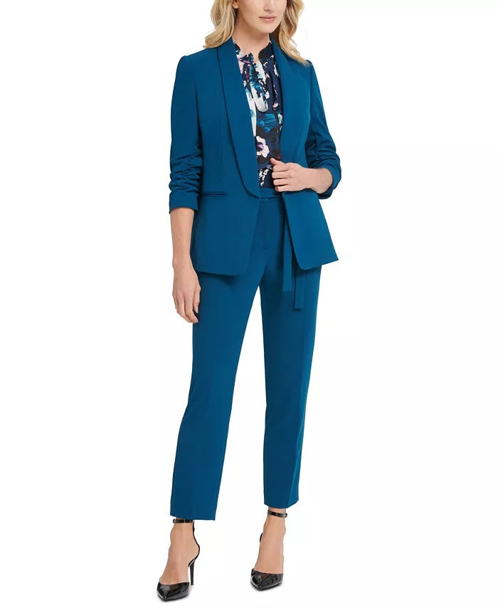 DKNY Women's Petite Open Ruched-Sleeve Blazer Blue Size 10 P