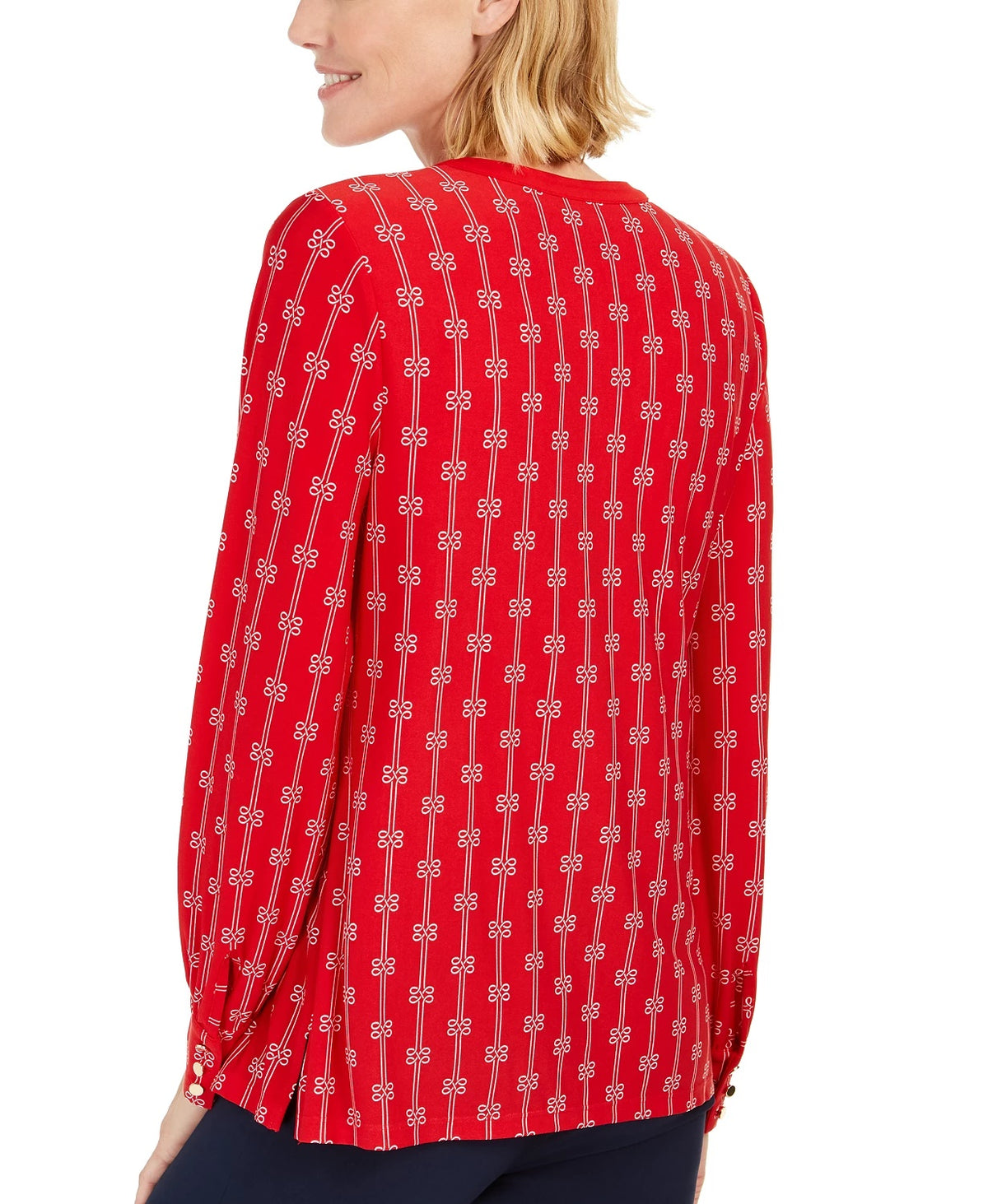 Charter Club Women's Printed Split-Neck Top  Medium Red Size Medium