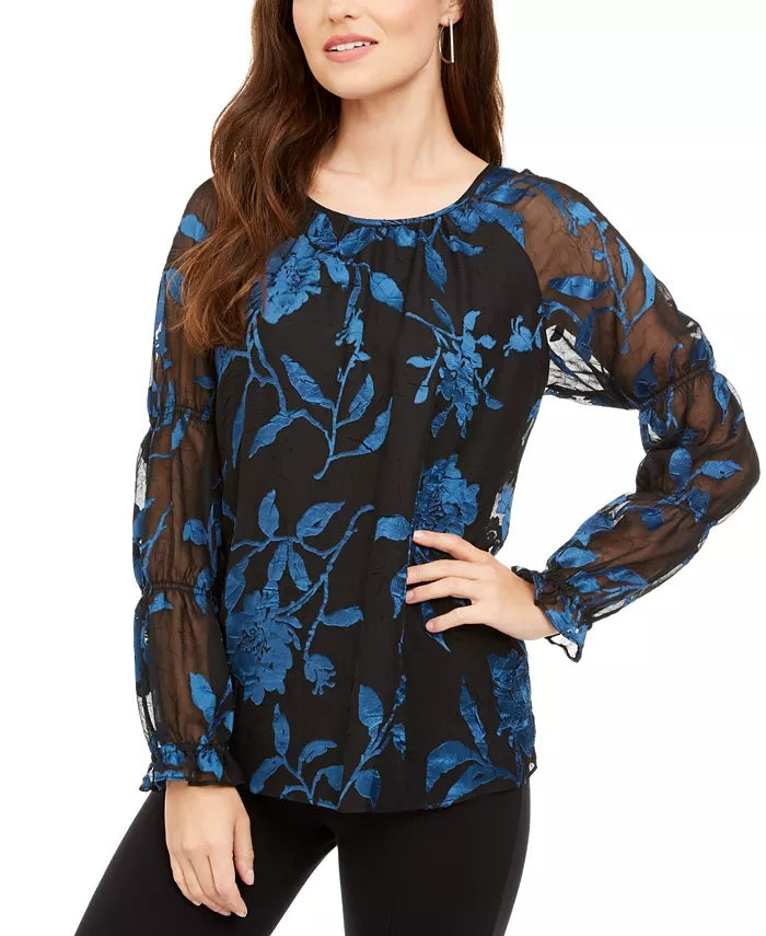 Alfani Women's Velvet Burnout Sheer-Sleeve Top  Green Size Small