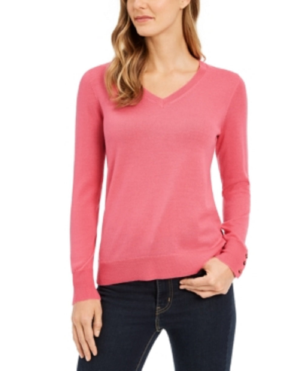 Charter Club Women's Merino Wool Button Cuff V Neck Sweater Pink Size XX-Large