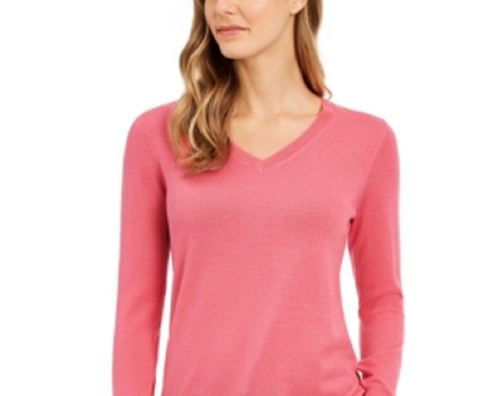 Charter Club Women's Merino Wool Button Cuff V Neck Sweater Pink Size XX-Large
