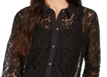 Charter Club Women's Lace Button Up Shirt Deep Black Size Petite XL